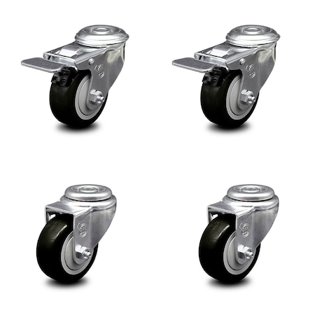 Service Caster 3 Inch Black Polyurethane Swivel Bolt Hole Caster Set with 2 Total Lock Brake SCC-BHTTL20S314-PPUB-BLK-2-S-2